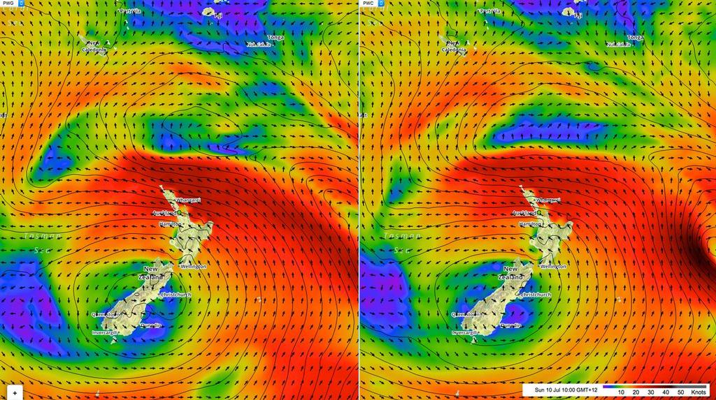 Predictwind - Forecast - Auckland Sunday July 10, 2016 at 1000hrs - showing two feeds and the new Predictwind animated wind format © PredictWind